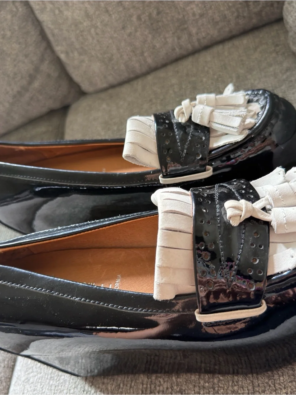Sara Campbell Black Patent Leather Tassel Loafers with White Fringe